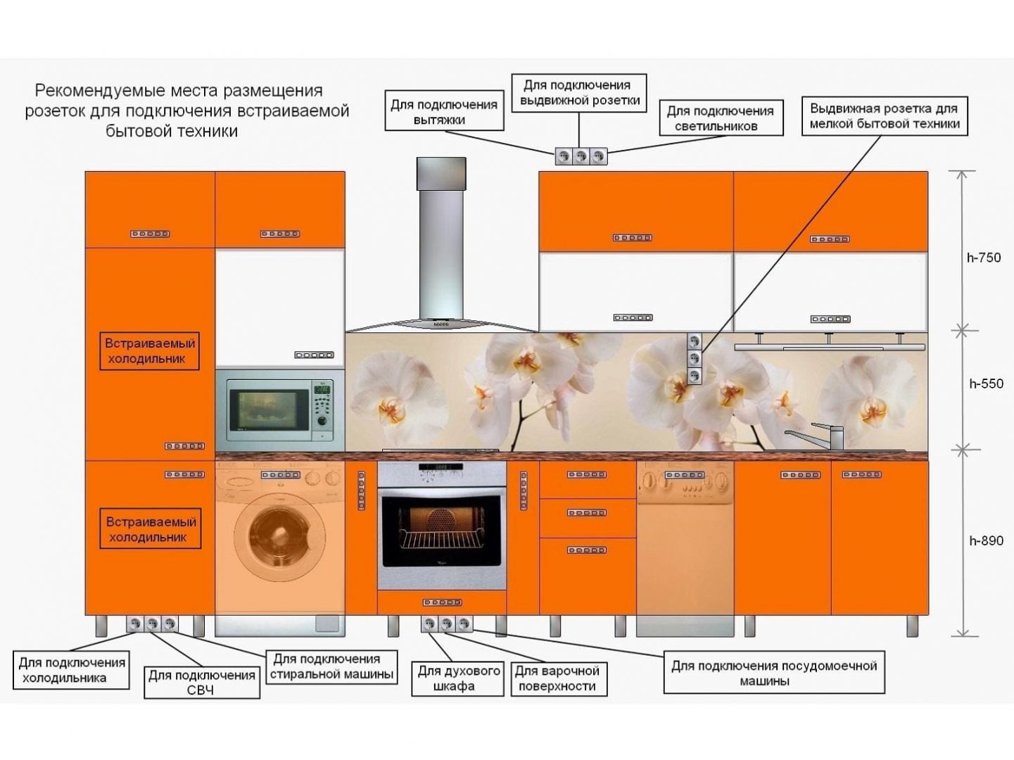 схема установки розеток и выключателей на кухне