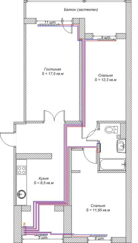 План автономного отопления в трехкомнатной квартире с параллельной разводкой труб под полом. Можно заметить, что указано точное количество секций каждого радиатора внутри жилья
