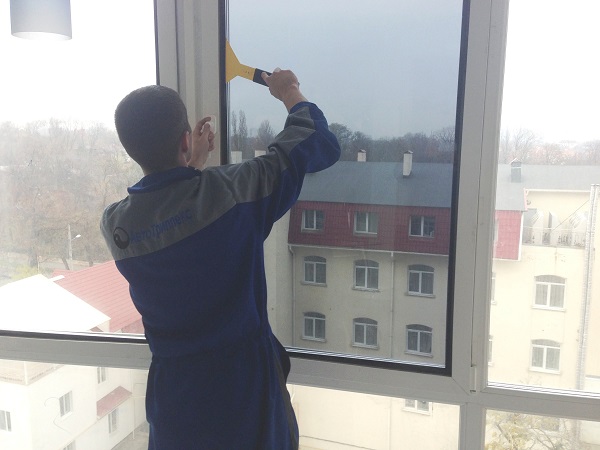 фото: резиновым шпателем разглаживаем окно