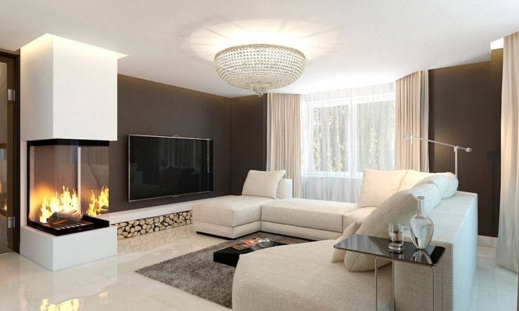 Современный стиль оформления гостиной с биокамина и телевизором