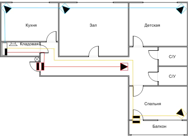 Схема пороговой системы сигнализации в 3-комнатной квартире