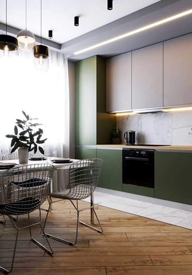 Матовые зелёные шкафы в современной кухне