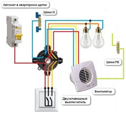 Подключение вентилятора к двухклавишному выключателю